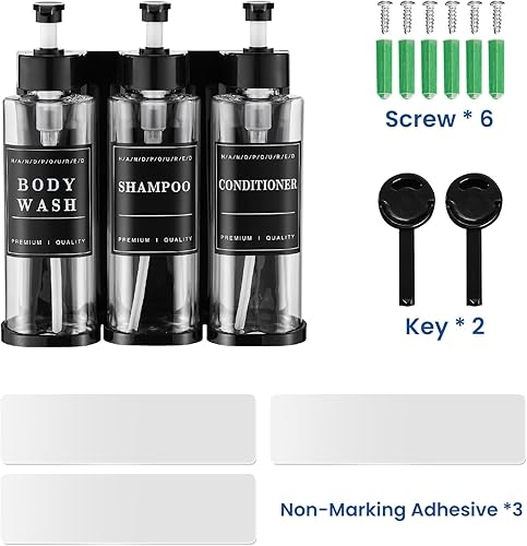 Miniatura 9 de Dispensador de champú y acondicionador, dispensador de ducha Unisense de 3 cámaras, sin taladro, dispensador de champú para montaje en la pared con