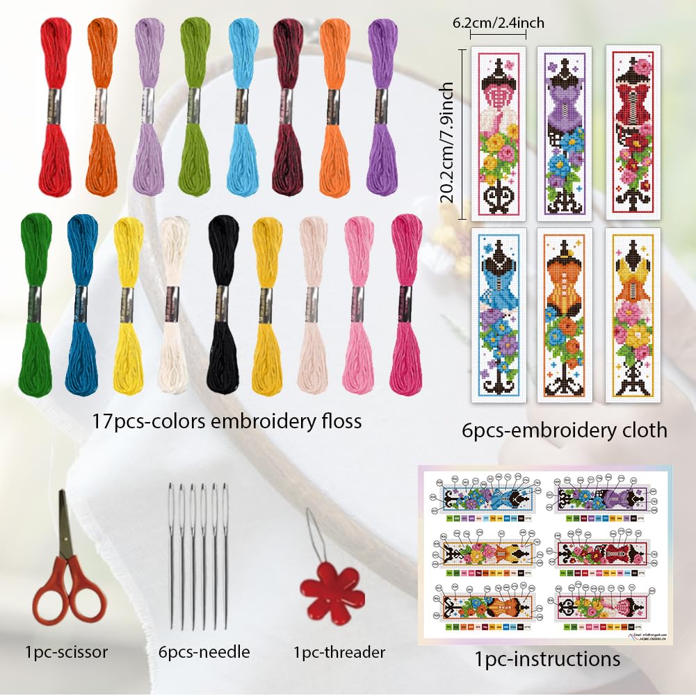 ORIGACH 6 Pcs Cross Stitch Bookmark Kit for Beginner Adults, Mannequin with Flowers Stamped Embroidery Bookmark Kit with Instruction for Starters Printed Cross Stitch DIY Kits for Book Lovers
