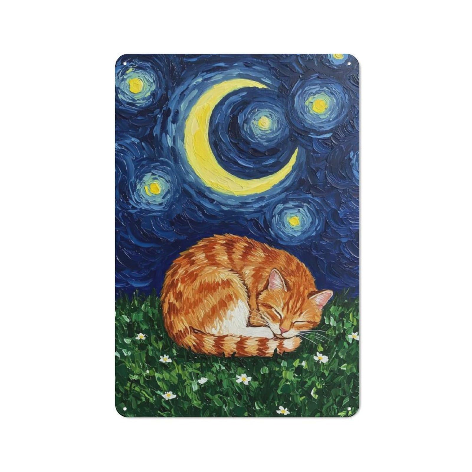 Junmoney Cat Sleeping Under Starry Night Sky Tin Wall Plaque With Design 30X20cm, Farmhouse Rustic Kitchen Decor For Dining Room, Cafe, Entryway Or Family Room