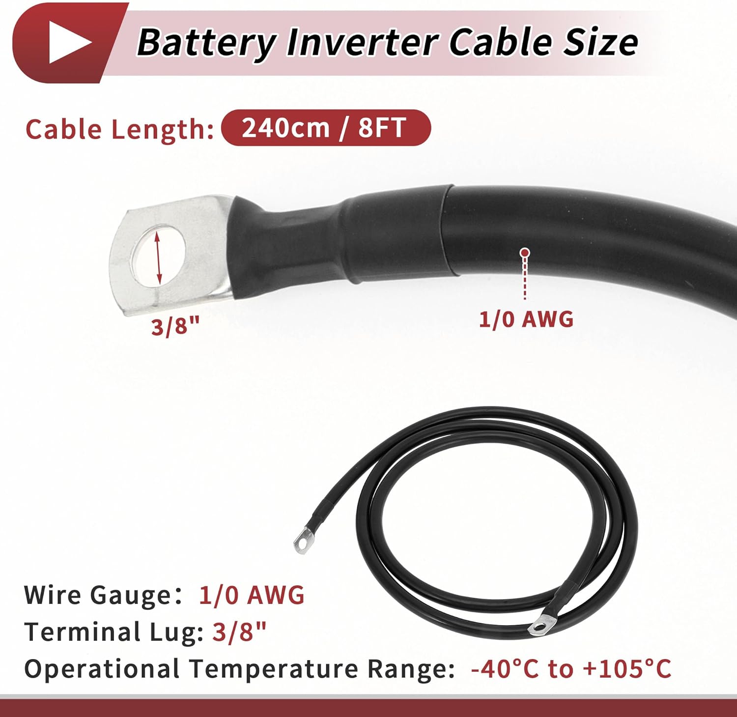 1 Pc Battery Inverter Cable Battery Cable 3/8" Lug 1/0 AWG Gauge 8FT Black Tinned Copper