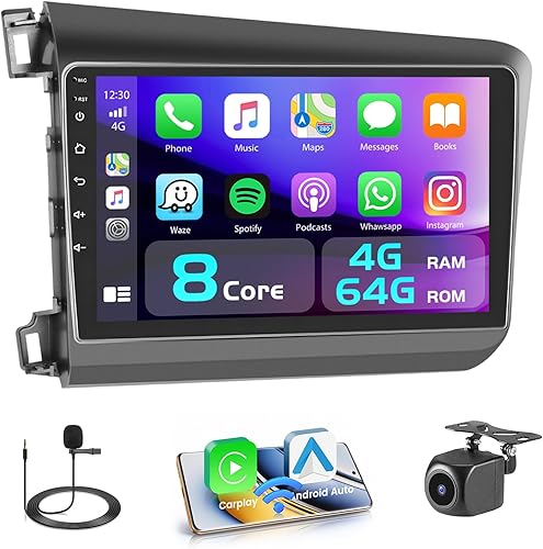Estéreo de coche de 8 núcleos para Honda Civic 2012 2013 2014 2015, pantalla táctil HD de 9 pulgadas para Civic, CarPlayAndroid Auto, WiFi 5G,