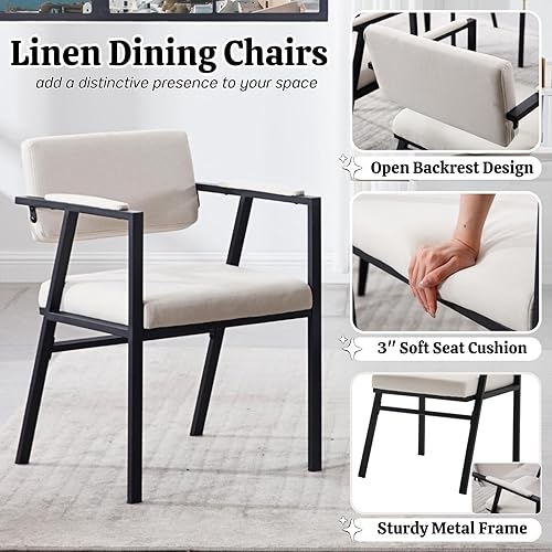 Miniatura 4 de HEAH-YO Juego de 4 sillas de comedor modernas de lino, sillas de cocina tapizadas con respaldo abierto y reposabrazos, cómodas sillas laterales con