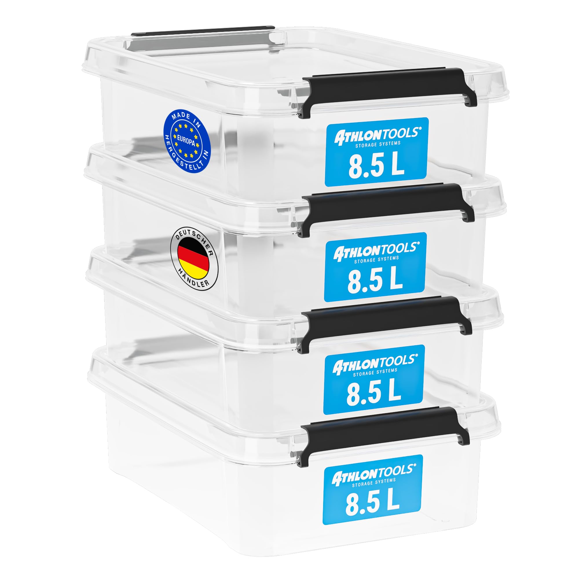 ATHLON TOOLS 4er Set 8.5l Aufbewahrungsboxen mit Deckel - BPA-freie & lebensmittelechte Aufbewahrungsbox mit Verschlussclips - 100% Neumaterial DIN A4 Plastikbox transparent - Stapelbare Kunstoff Box