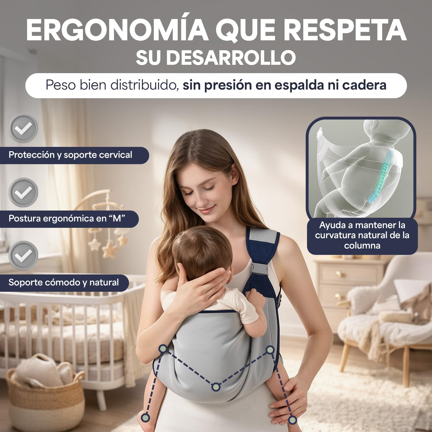 Indiluc Fular Portabebe – Portabebes con Cierre Reforzado de Seguridad y Diseño Ergonómico, Comodidad total en Frontal y Lateral para porta bebes de 0 a 36 meses, Ideal para porteo bebe - 2