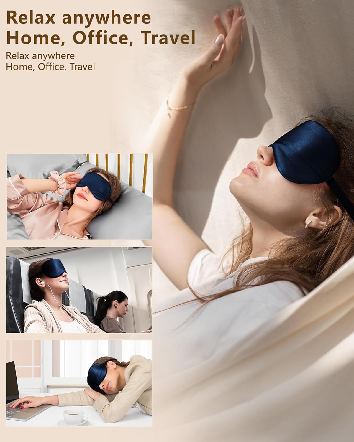Antifaz de seda para dormir, suave, transpirable, orgánica, natural, de seda de morera, opaco, con correas ajustables (azul marino)
