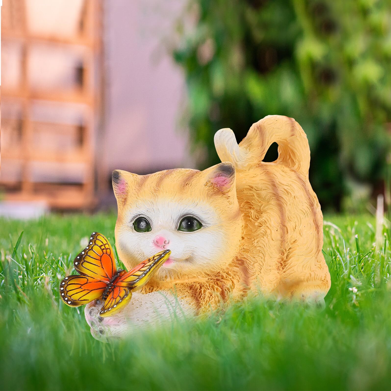 Artibetter Solarbetriebene Katzenfigur aus Kunstharz für Garten, Gelb | Realistische Form, Dekorativ für Außenbereiche, Detailreiches Tiermotiv für Sammler und Katzenliebhaber