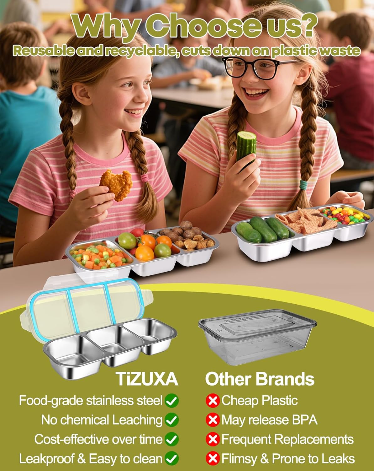 2Pack Stainless Steel Snack Containers for Kids Adults, Reusable 3 Compartment Snackle Box Container with Leakproof Lids Metal Bento Lunch Boxs Food Storage Containers for Travel Picnics Office School - Image 6