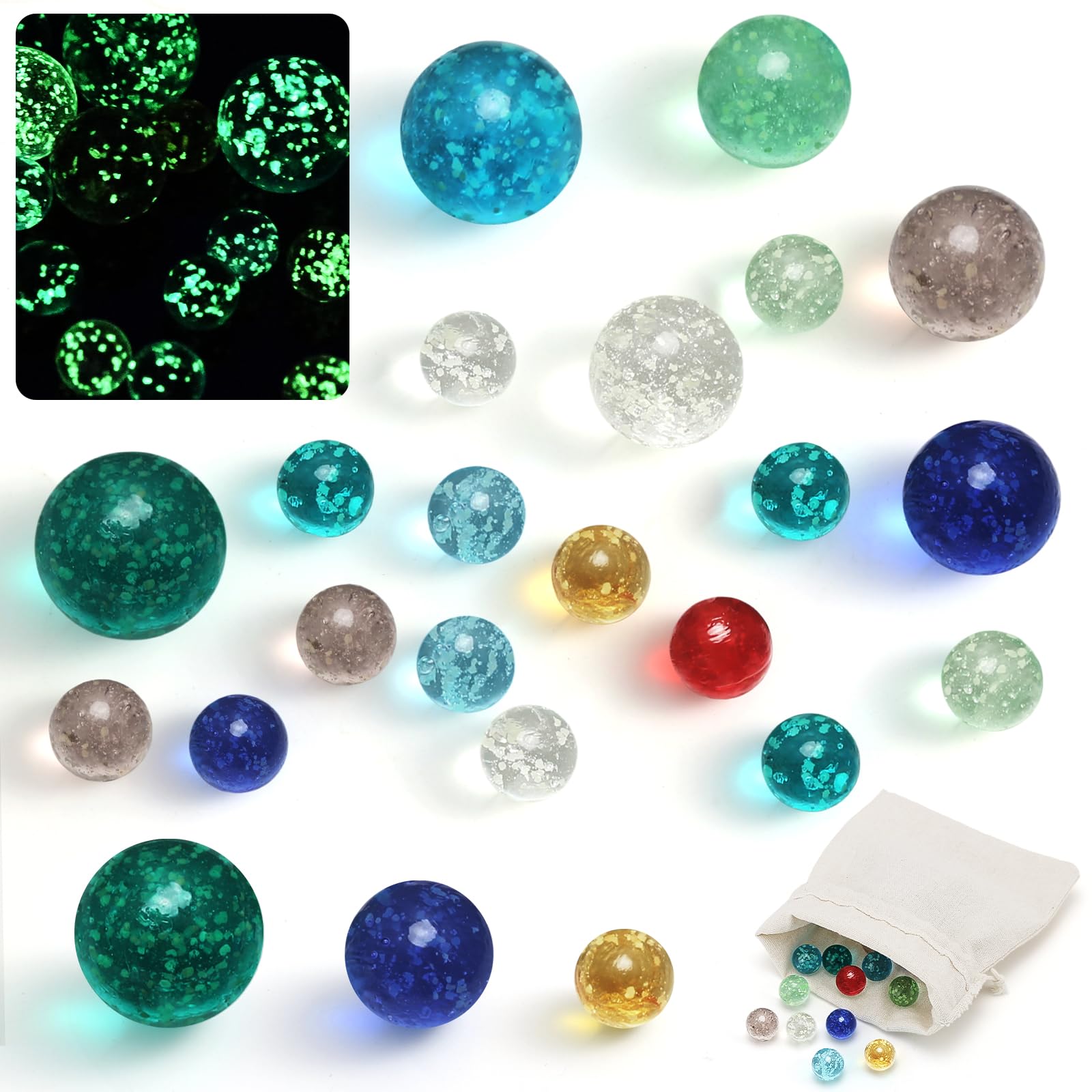 20 Canicas de Cristal, 16 mm/25 mm/30 mm, Brillan en la Oscuridad, Bolsa de Cordon, Juegos de Canicas, Proyectos de Bricolaje para Ninos, Decoracion del Hogar, A partir de 8 Años