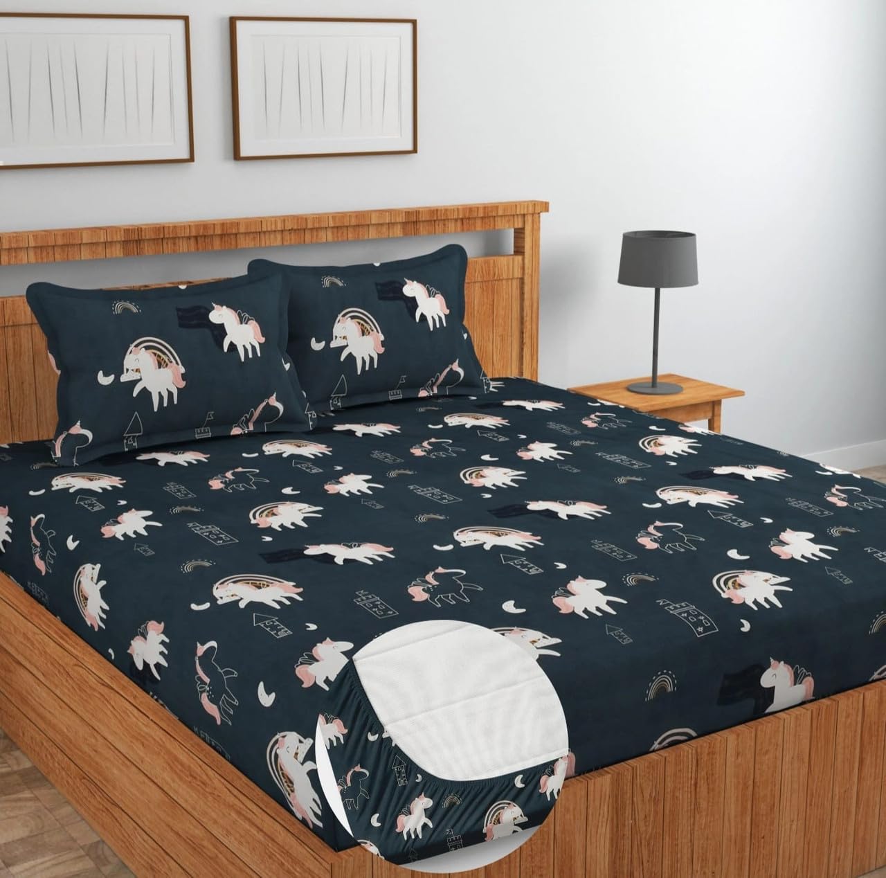 NEW LEAF Cotton Fitted King Size Double Bedsheets with 2 Pillow Covers | Elastic Fitted | Wrinklefree | Ultrasoft |All Season Bedsheet 220 tc tc Floral | 78 x 72+8 Inches, Navy Blue
