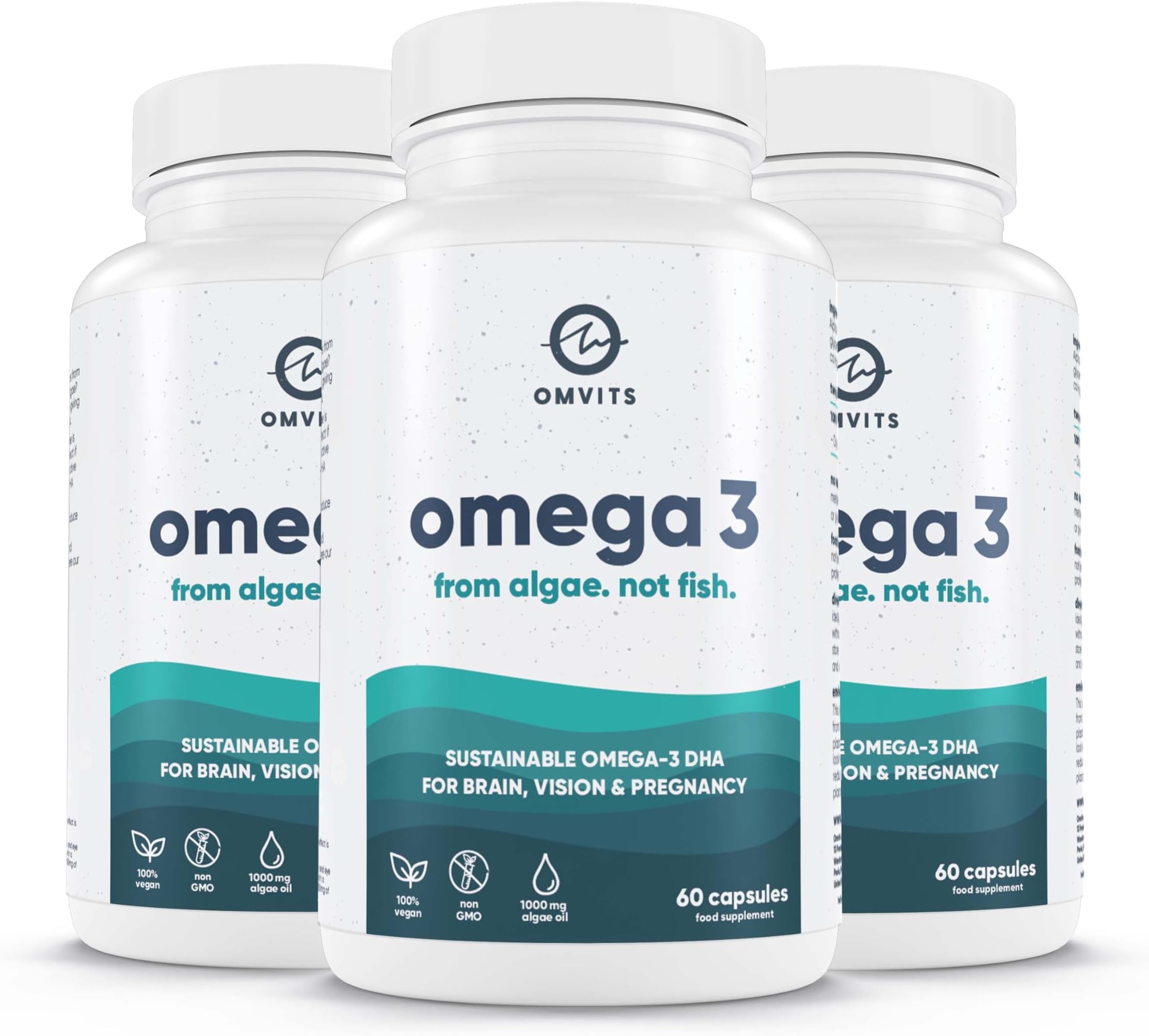Omvits Vegan Omega 3 DHA from Algae Oil 1000mg - 180 Softgel Capsules with Vitamin E - Sustainable Algal Alternative to Fish Oil - Vegetarian Essential Fatty Acids - Supports Heart, Brain & Eyes