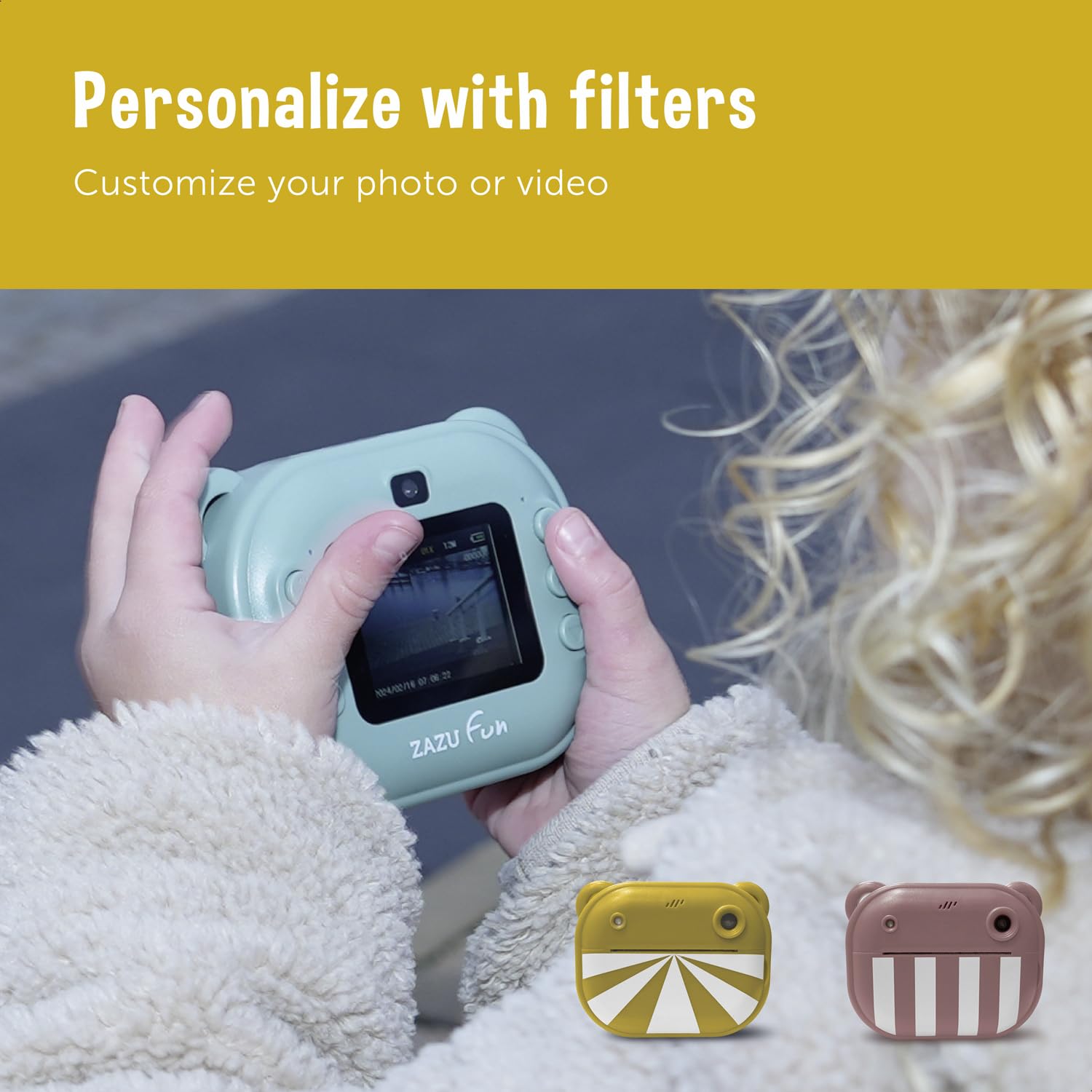 ZAZU Fotocamera digitale istantanea per bambini, foto ad alta risoluzione da 48 MP, display a colori da 2", video Full HD 1080P, stampa termica senza inchiostro, batteria ricaricabile, con 2 rulli di