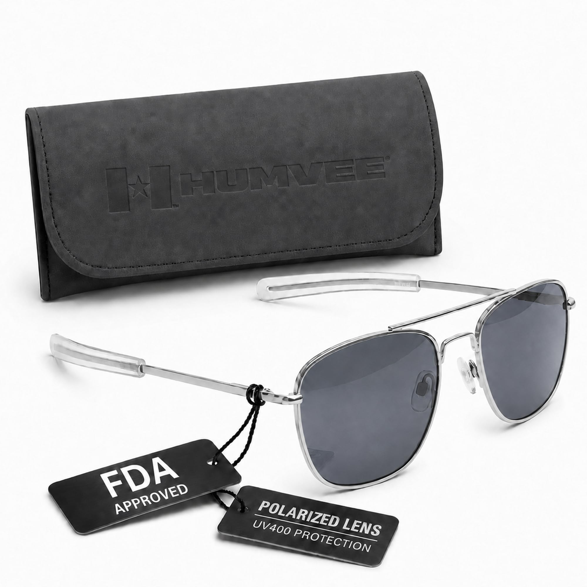 CampCo Humvee Pilot Sunglasses - Polarized Aviator Sunglasses Bayonette, 57mm, Matte Silver Frame, Gray Polarized Lens