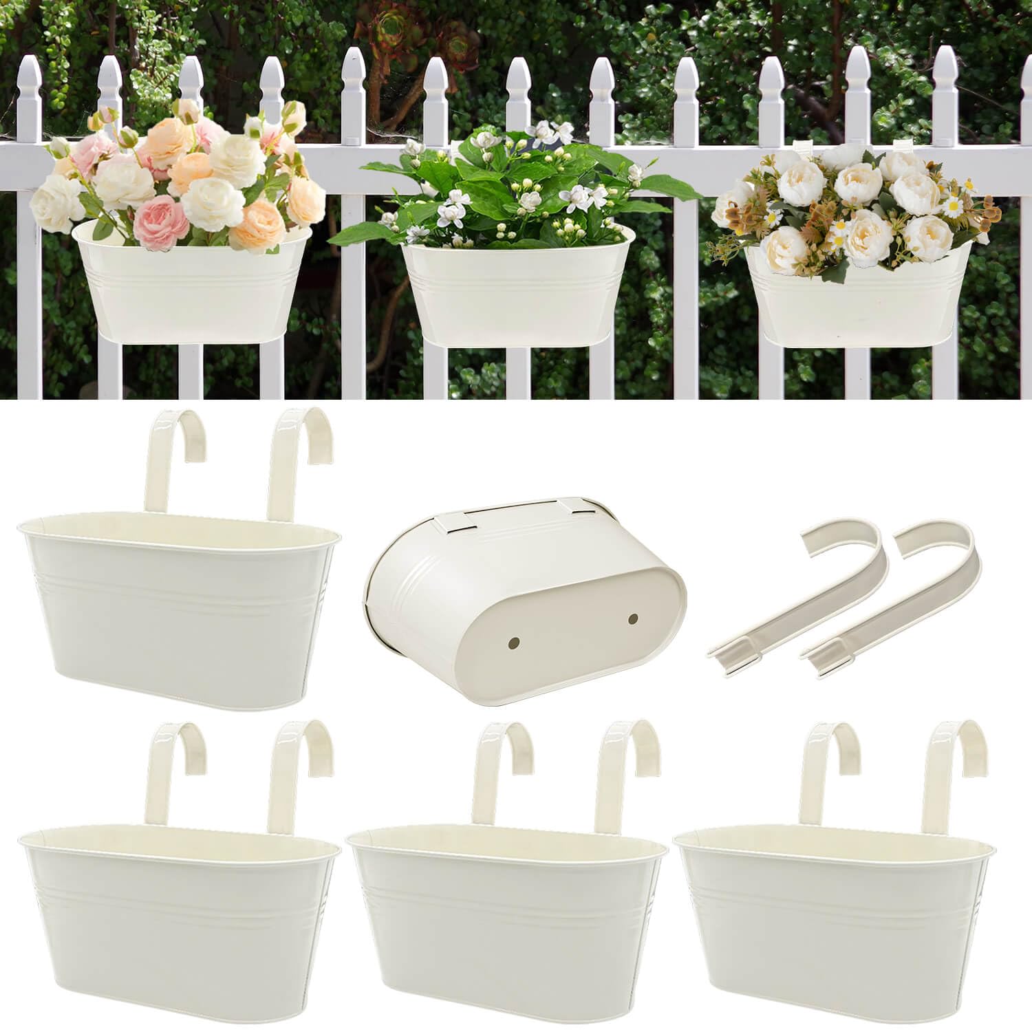 vensovo 5er Set Hängende Blumentöpfe aus weißem Metall – 27,3 cm x 13,5 cm x 11,9 cm – Mit abnehmbaren Haken & Drainageloch – Pflanzgefäße für Balkon, Geländer & Innen- und Außenbereich