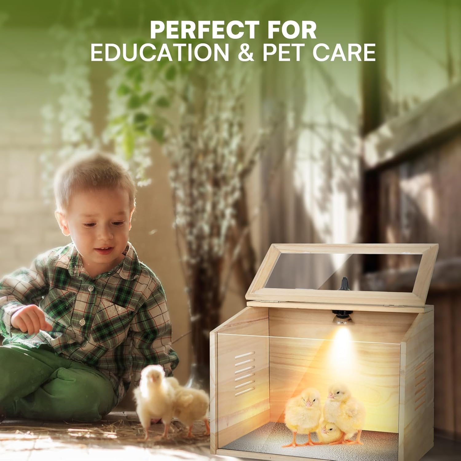 Wooden Brooder Box for Chicks Brooder Box with Heat Lamp,Thermometer and Hygrometer,Temperature Adjustable Chick Starter Kit Transparent Skylight for Baby Chicks, Ducks, Quails Birds