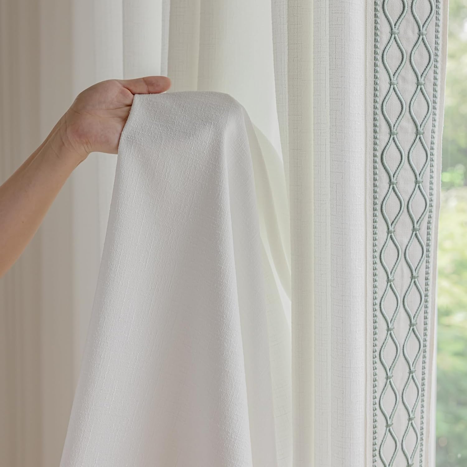 White Linen Curtain Panels with Embroidered Trim Design, Pinch Pleat Curtains, Semi-Sheer Curtains for Sliding Patio Doors Bedroom (2 Panels) (50W x 102L)