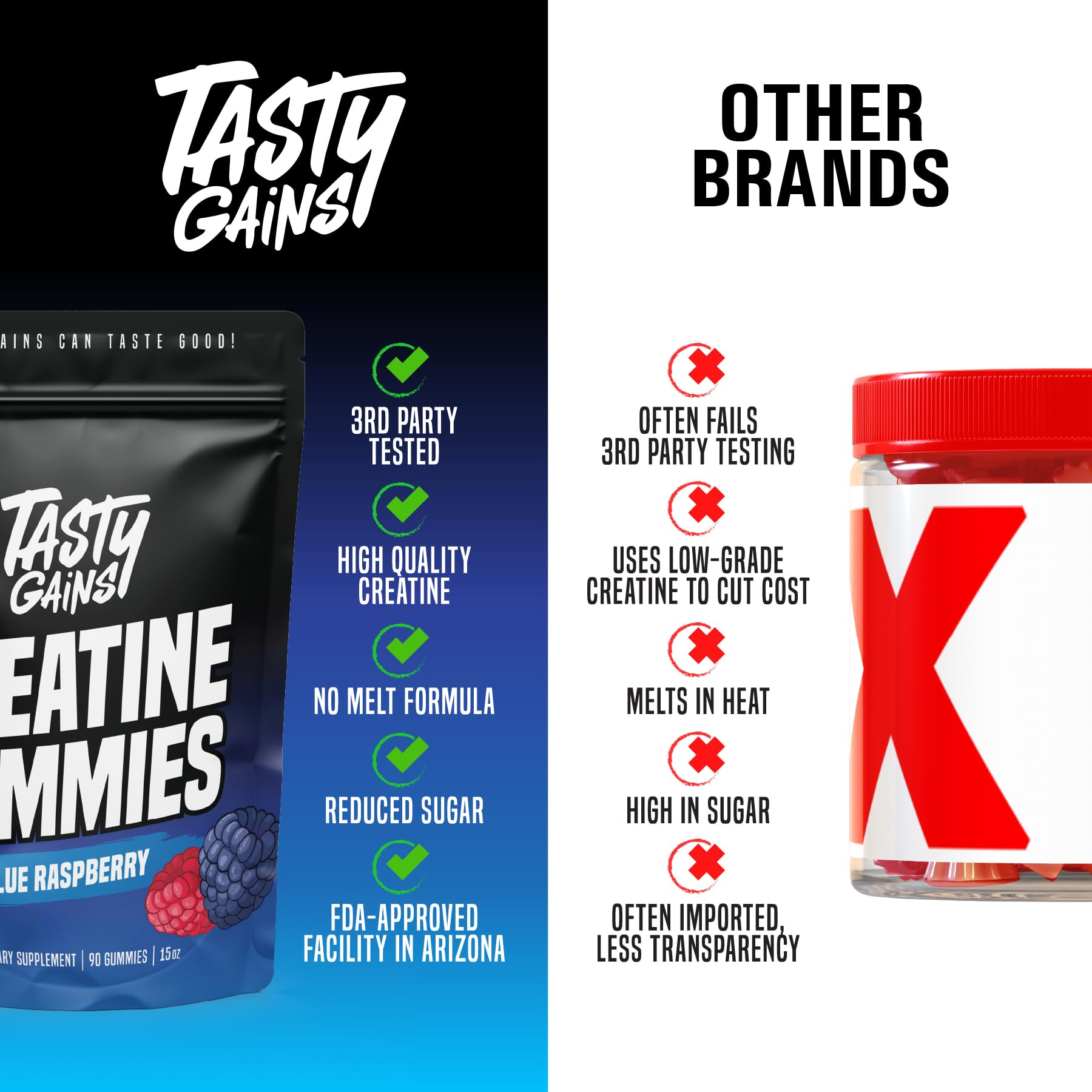 TASTY GAINS Creatine Gummies - 90g of Creatine Monohydrate - Workout Supplements - Build Muscle & Boost Strength for Men & Women - Made in USA - Non GMO - (Large, Blue Raspberry Flavor) — Amazon image 6