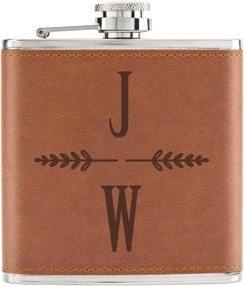 Personalised Custom Initials Fern 6oz PU Leather Hip Flask Tan