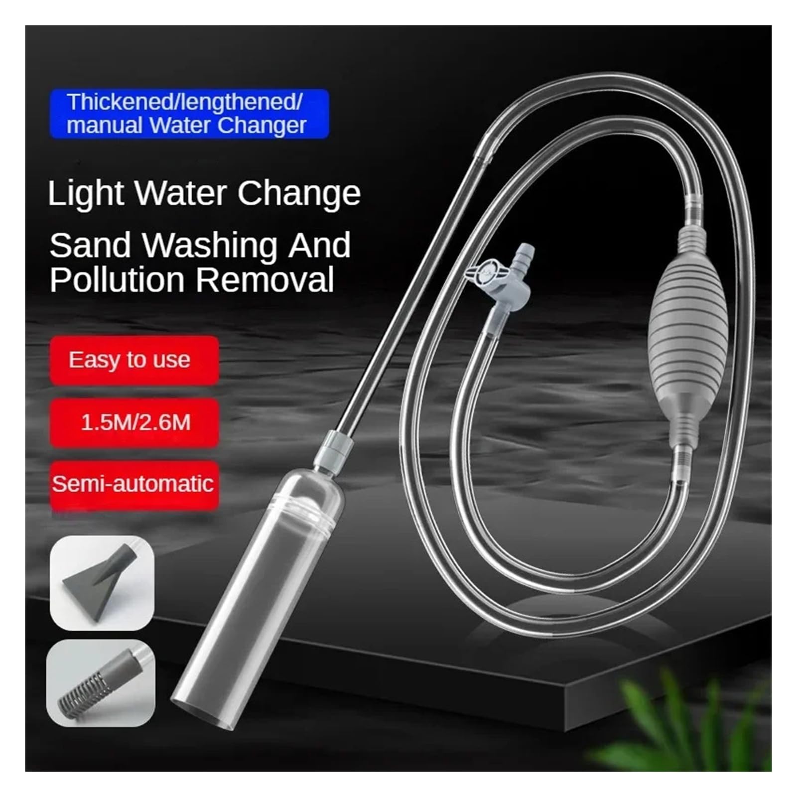 Kit de Herramientas de Limpieza con Tubo de extensión for pecera Grande, sifón for Acuario, Grava al vacío/Lavado de Arena y Cambio de Agua(Large-2.6M)