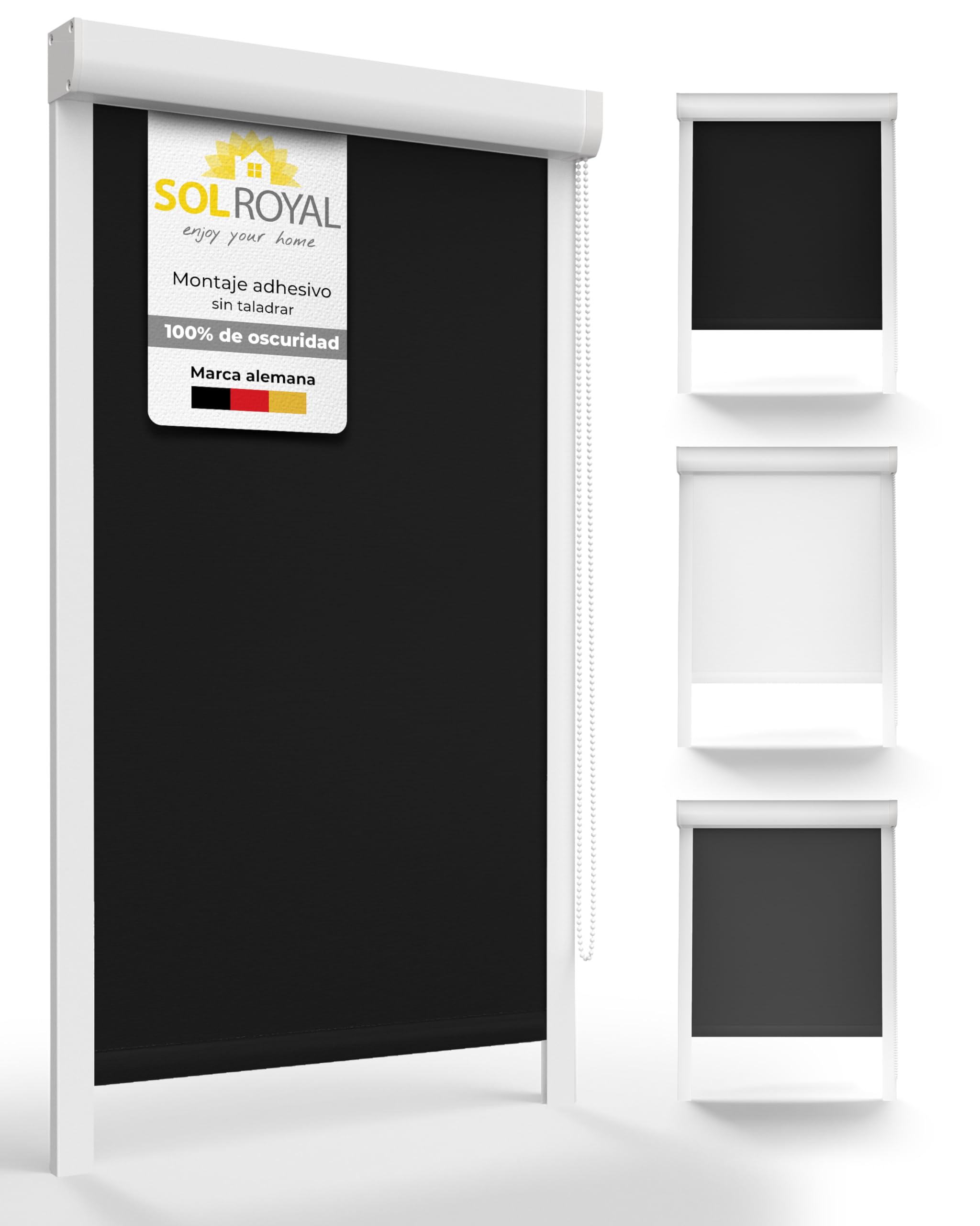 Sol Royal Sol Reflect Estor Enrollable oscurecente con rieles de guía | 100x175cm Negro Persiana de Estores cassette termico taladro opaco cortina SolReflect K24