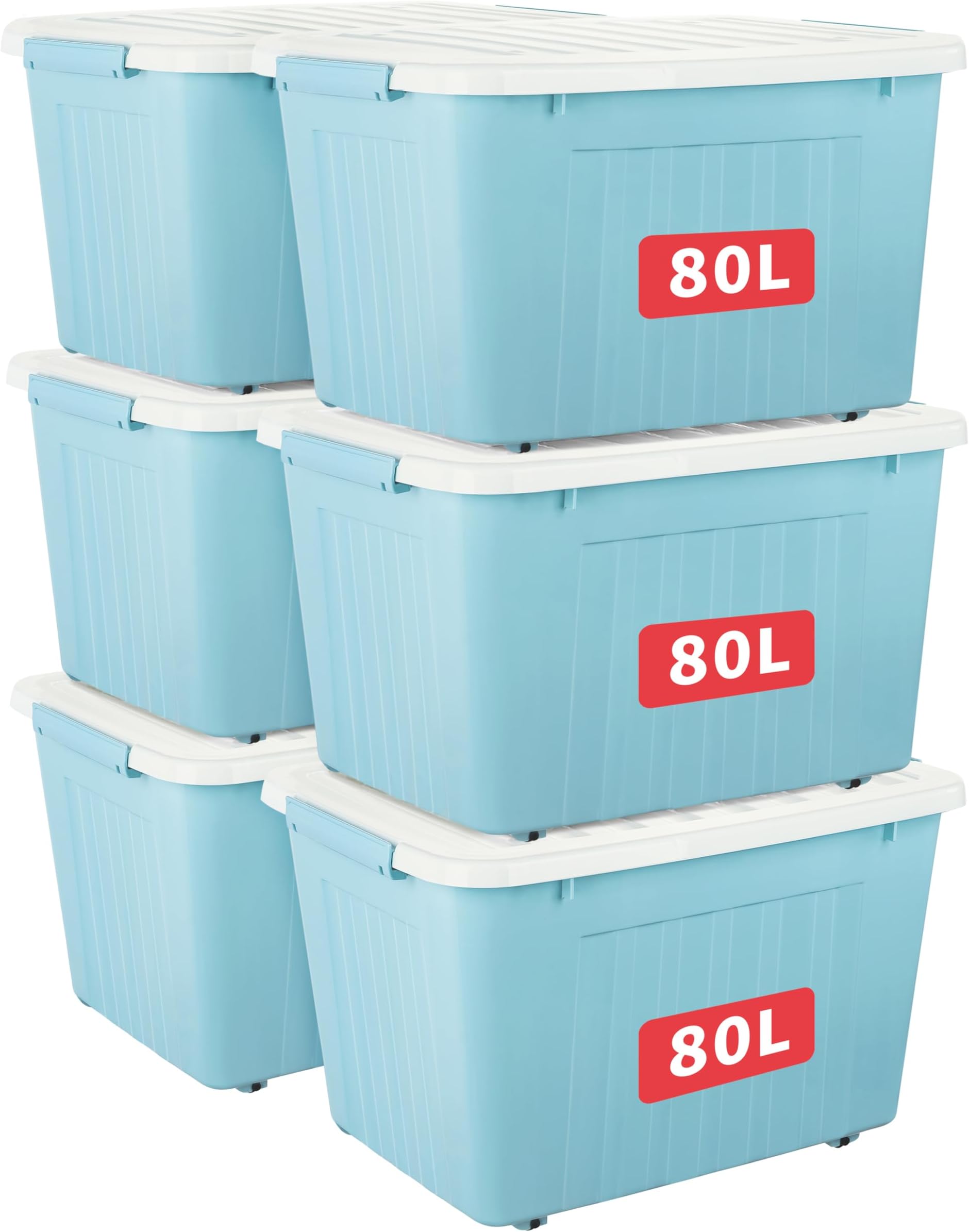 Cetomo 80L*6 Storage Boxes with Lids, Plastic Storage Box with Wheels and Secure Side Latches, Stackable & Nestable Organizer for Home, Office, Moving, PP, Blue, 80L-6 Pack
