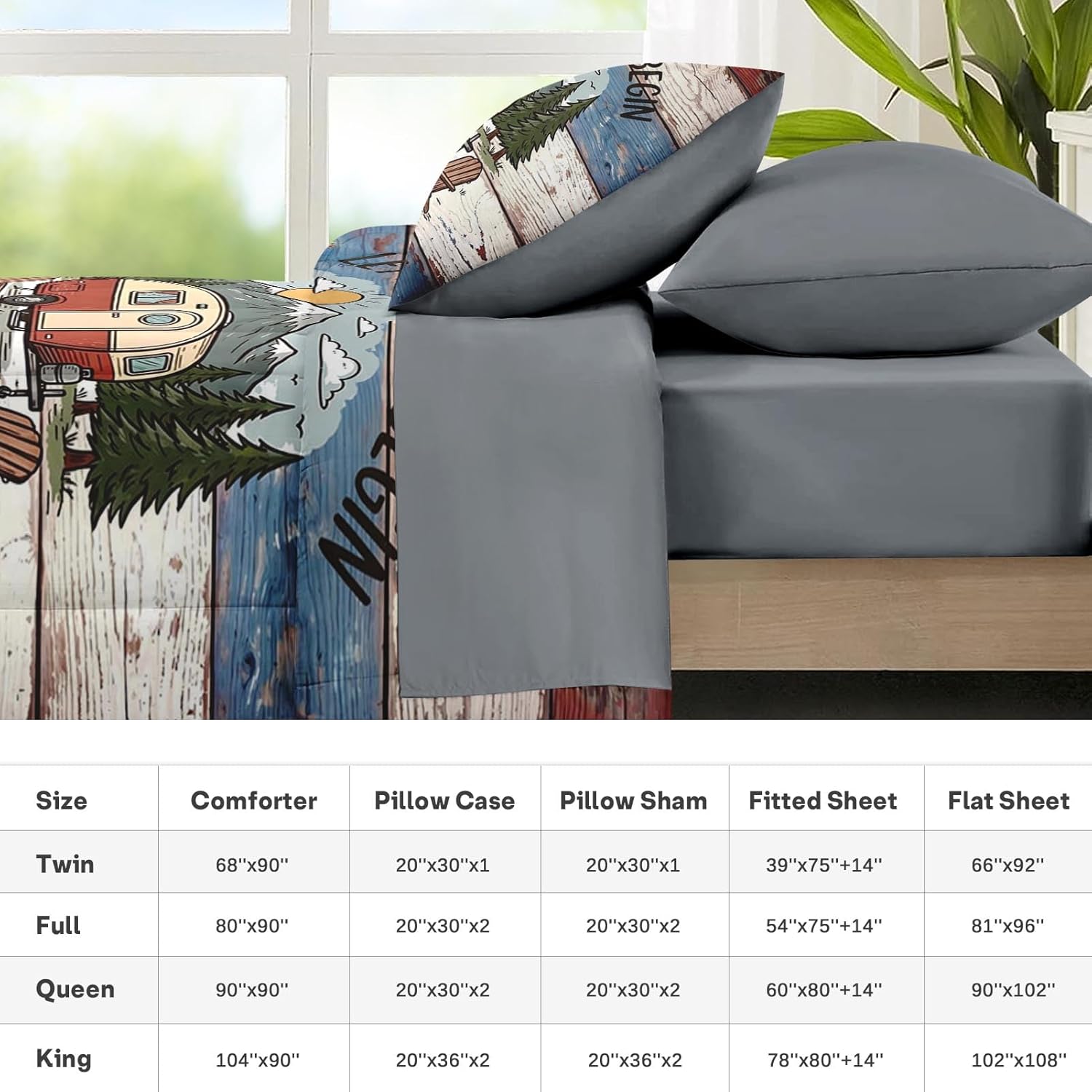 Nesker 7 Pcs Comforter Set Queen Size, Camping Mountain Adventure Bedding Set for Kids and Adults, Rustic Vintage Car Rv Bed Sheet Set with Fitted Sheet 2 Pillowcases & 2 Shams