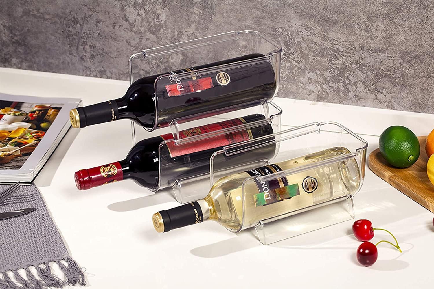 Wine Rack Countertop, Stackable Water Bottle Storage Rack, Frigerator Organizing Set, Plastic Wine Holder, Refrigerator Organizer Bins, Water Bottle Organizer for Cabinet (6 Bottle)