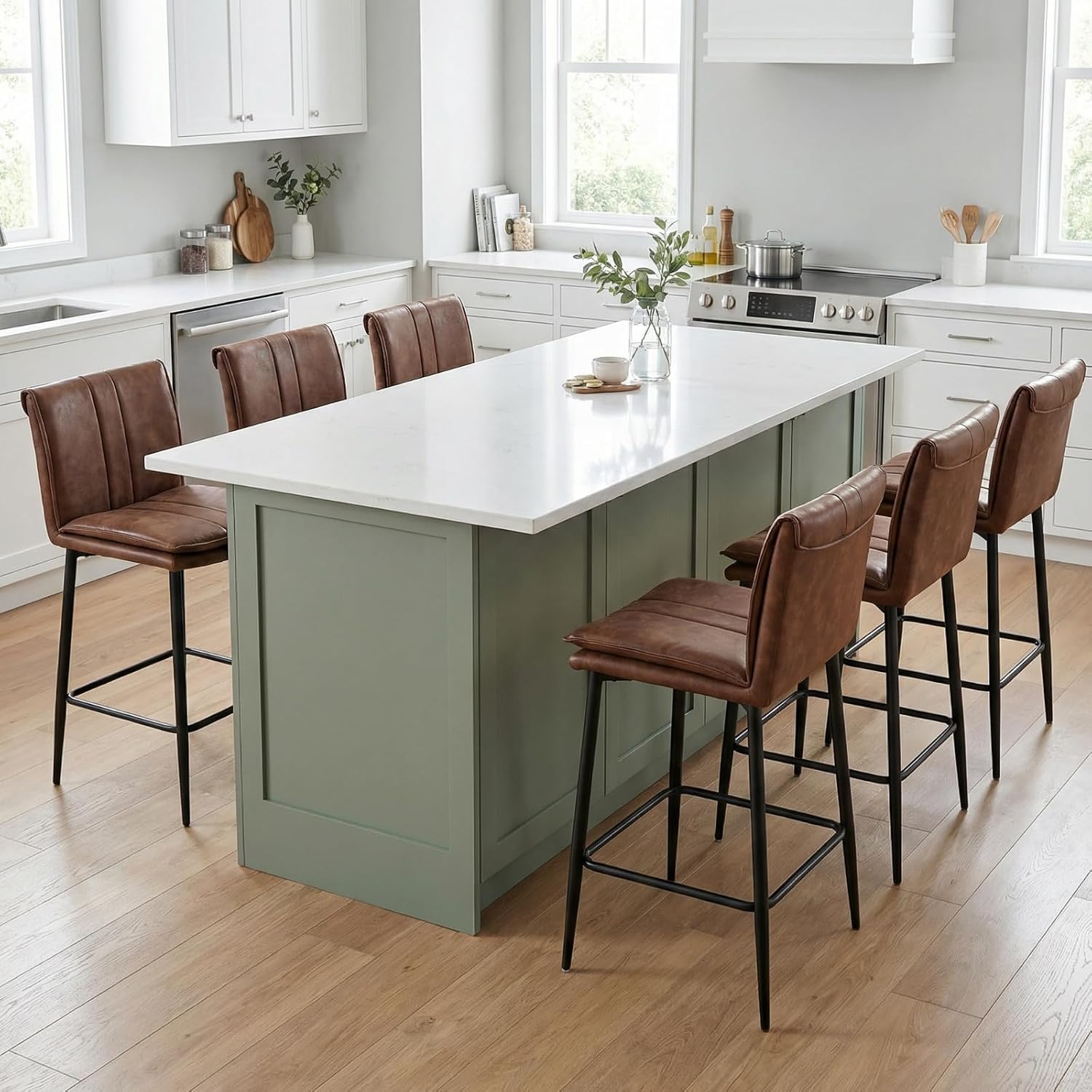 EALSON Leather Counter Height Bar Stools Set of 2 Modern 26 Inch Barstools with Back Upholstered Breakfast Counter Stools with Metal Legs Comfortable Bar Chairs for Kitchen Island, Brown