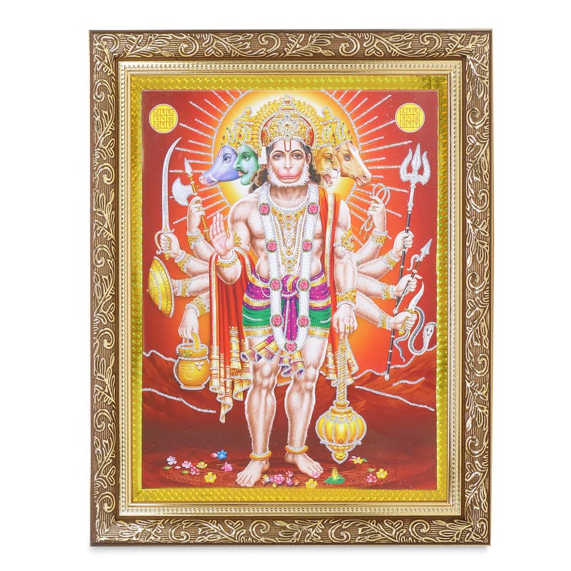 Photo d'art Hanumanji Panchmukhi sous cadre doré, un cadeau de bénédiction unique