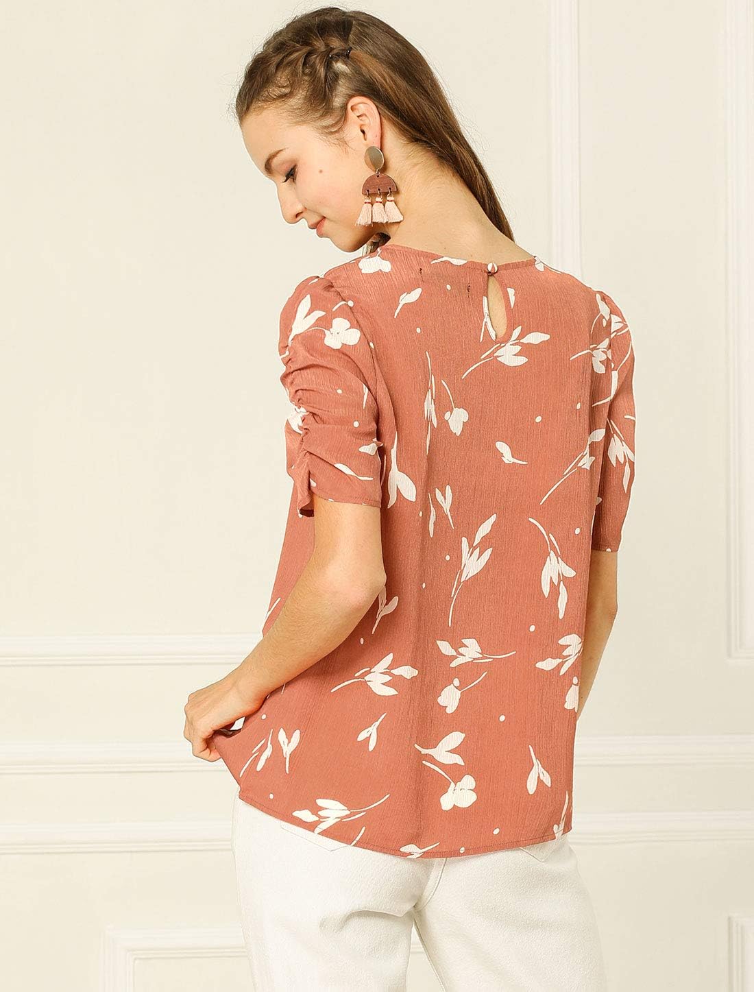 Allegra K Women's Floral Blouse Crew Neck Valentine's Day Casual Shirred Short Sleeve Top - Image 5