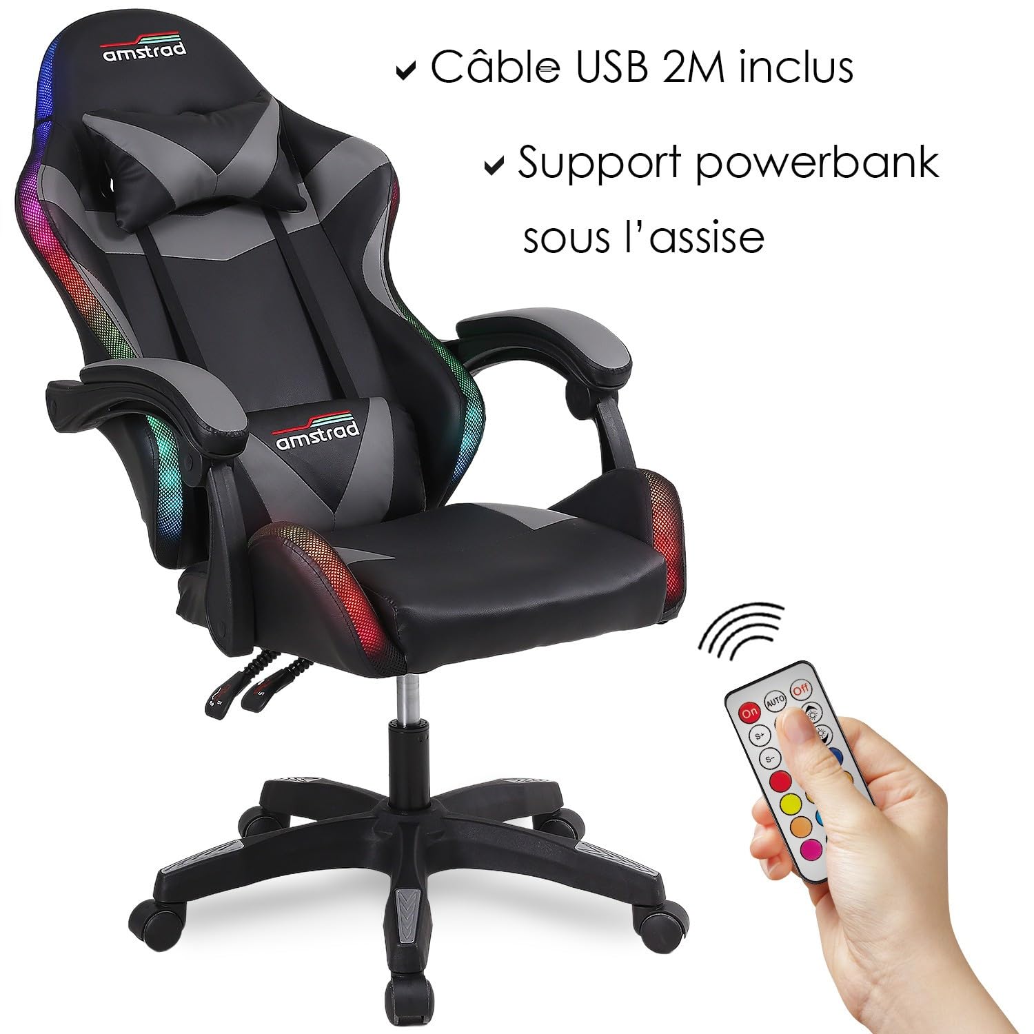 Amstrad AMS-900-LED-GAMER Chaise Gaming avec Eclairage LED 366 Modes Telecommande Incluse Coussin Lombaire et Appui-Tete Dossier Inclinable 150 degres Coloris Noir