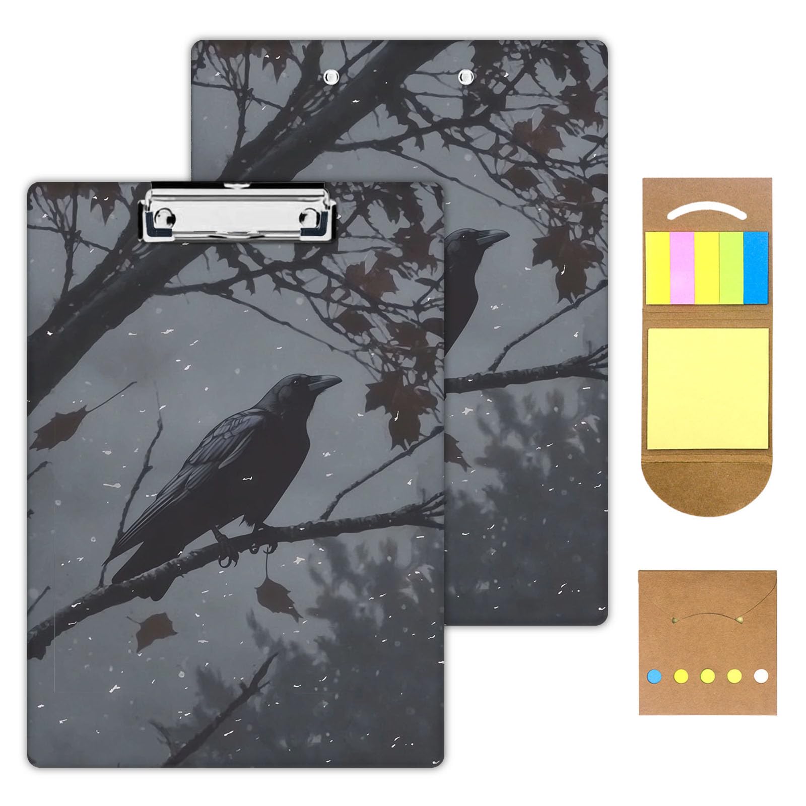 KUJKBFWJ Acrylic Clipboards with Sticky Note, A4 Letter Size Durable Cute Clip Board 9x12.5, for Students, Nursing, School and Office, with Low Profile Clip & Hanging Loop, Night Crow
