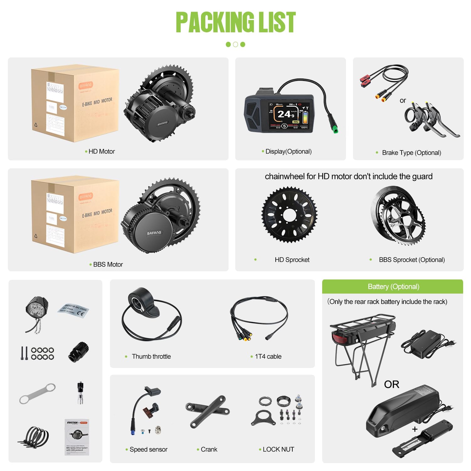 BAFANG Conversión Kit de Bicicleta Eléctrica DIY con Opciones Batería y Pantalla LCD, Mid Motor, Adaptado para BBS01B, BBS02B, BBS-HD 250W, para BB 68-73/85-105/105-125MM