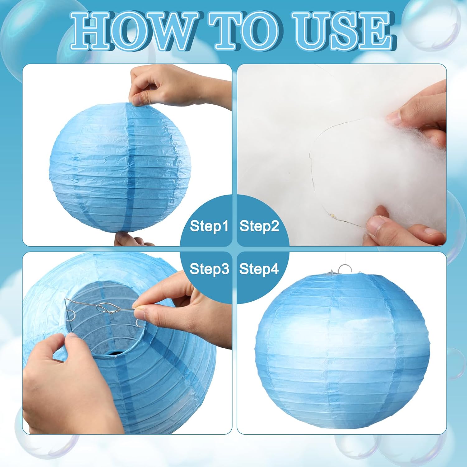 Wettarn 6 Set Cloud Lights for Room Ceiling Blue Sky White Cloud Party Decoration Paper Lanterns with Fiber 3D Clouds Hanging DIY 9.85" X7.87" Round Paper Lanterns for Bridal, Wedding Party Favor