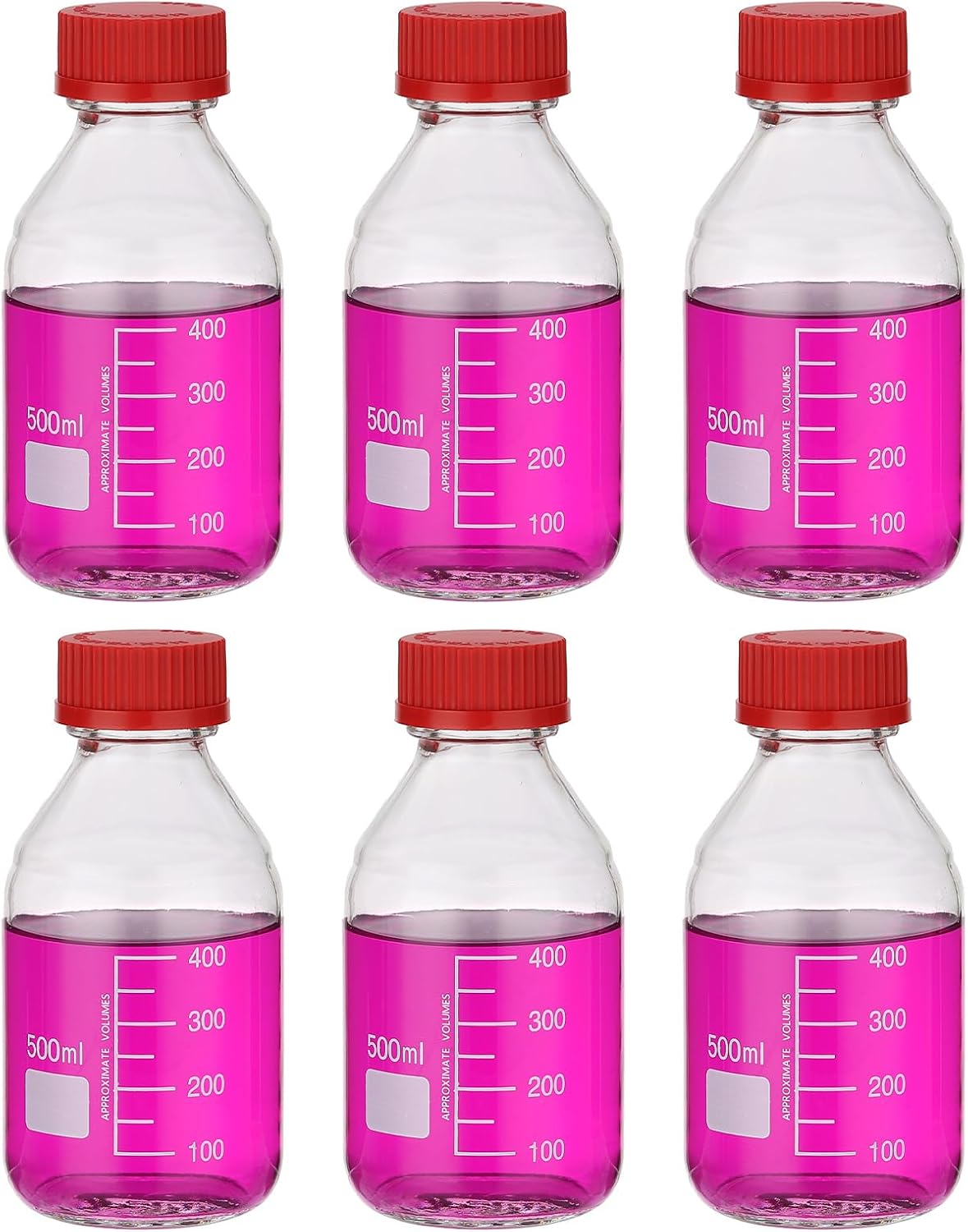 PATIKIL 6 Pack Reagent Media Storage Bottles, 500ml Borosilicate Glass Graduated Round Bottles with GL32 Red Screw Cap for Lab Water Reagent Liquids, Clear