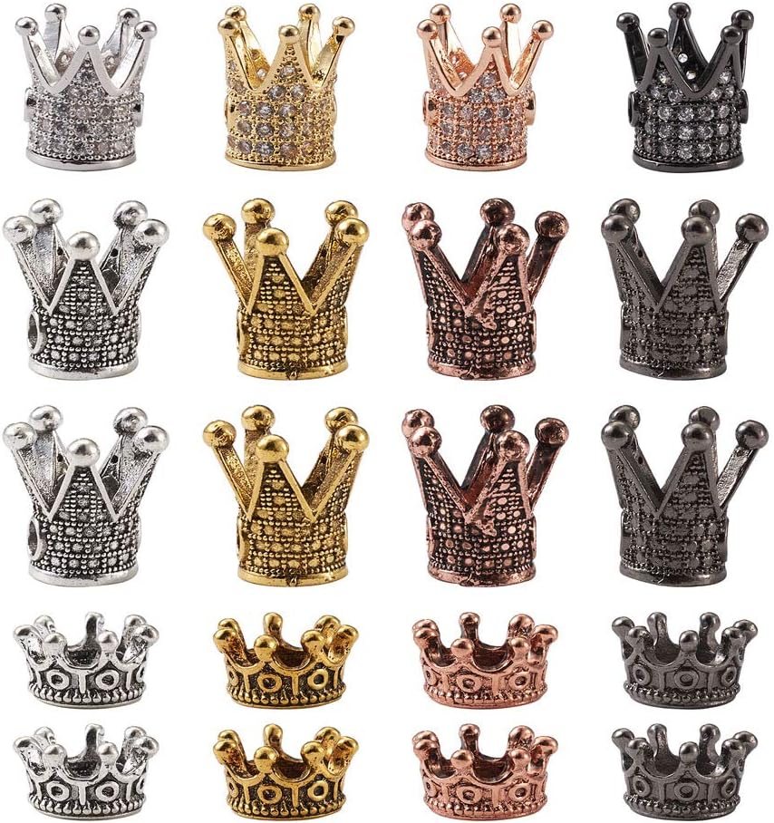 FASHEWELRY 88Pcs Brass Cubic Zirconia Crown Beads with Tibetan Style Alloy King Crown Charm Beads for Bracelet Necklace Jewelry Making (Mixed Color)