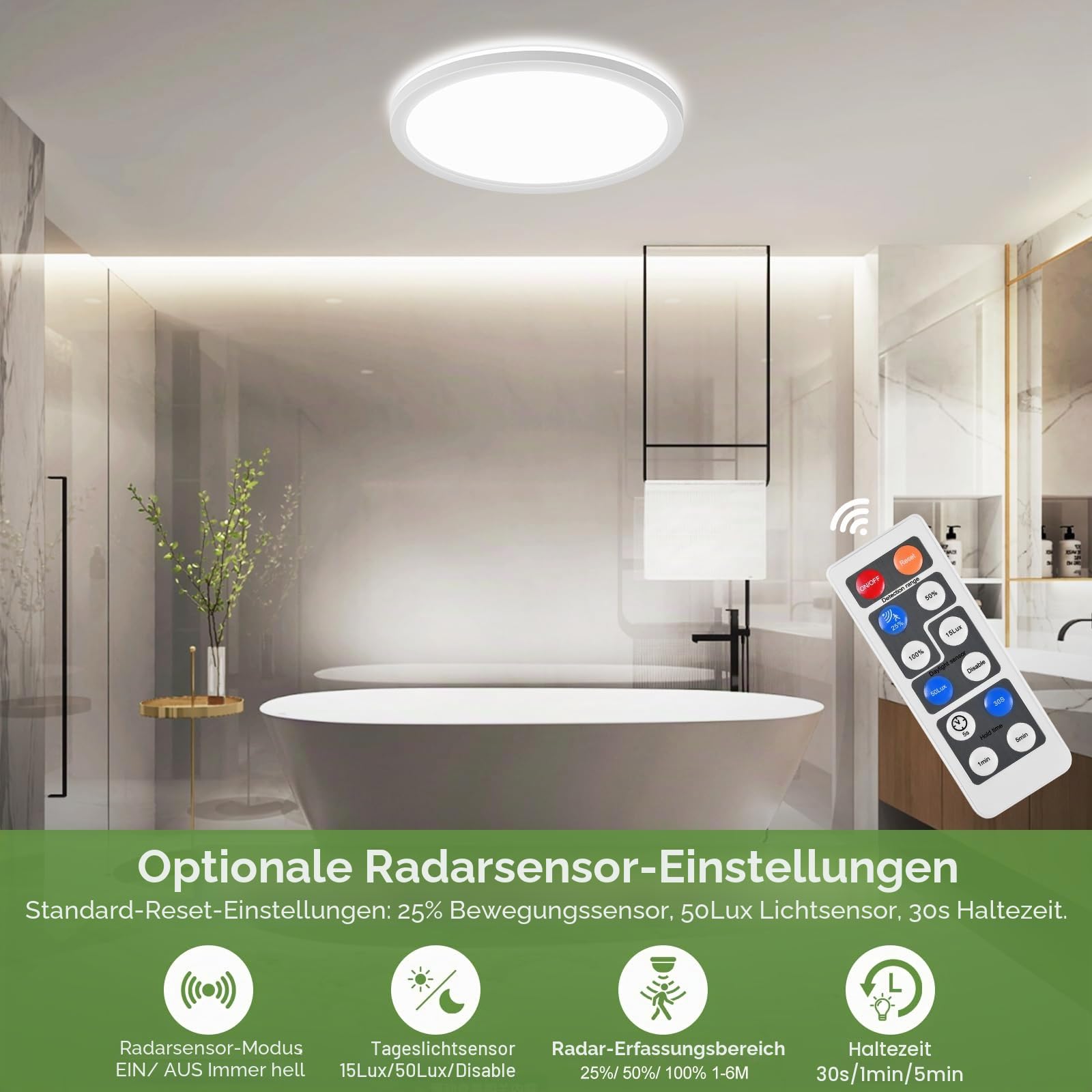 LEZOE 2PCS LED Deckenleuchte mit Bewegungsmelder, 24W 2650LM Radar Deckenlampe Dimmbar mit Fernbedienung 3000K/4500K/6500K Sensorlampe Für Bad, Garage, Treppen, Keller, Flur, Balkon, Diele 30x2.5cm