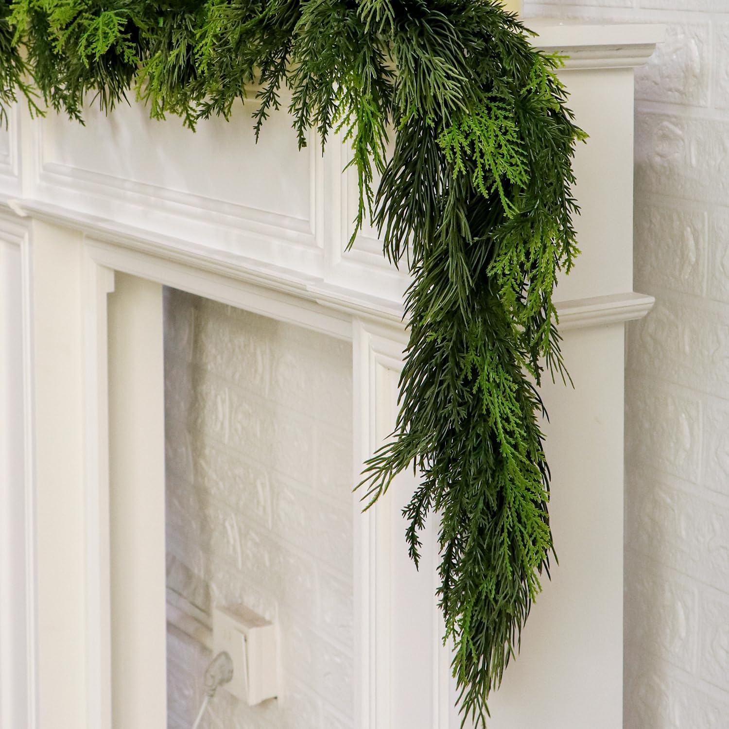 Christmas Cedar Pine Garland Realistic 6 Ft Dense Real Touch Evergreen Garland Greenery Ornaments Artificial Cypress Pine Garlands for Christmas Holiday Mantle Fireplace Table Home Decor