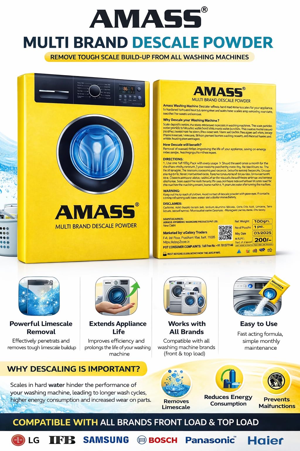 AMASS Advanced Descale Powder (6 x 100 Gms.) for Washing Machines Top Load & Front Load, Dishwashers, Air Conditioners, Coffee Machines etc. 3