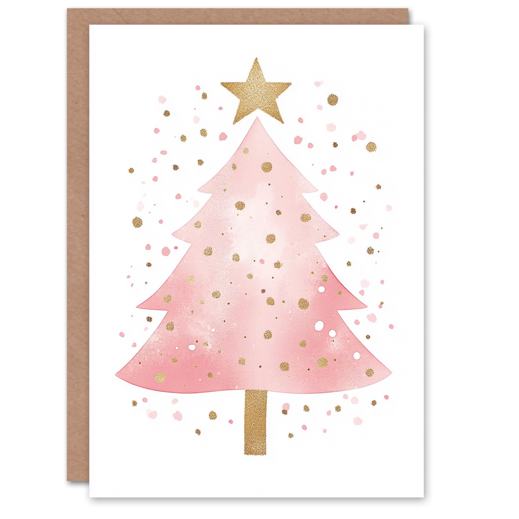 Artery8 Pink Decorated Tree Gold Star Watercolour For Child Kids Christmas Card