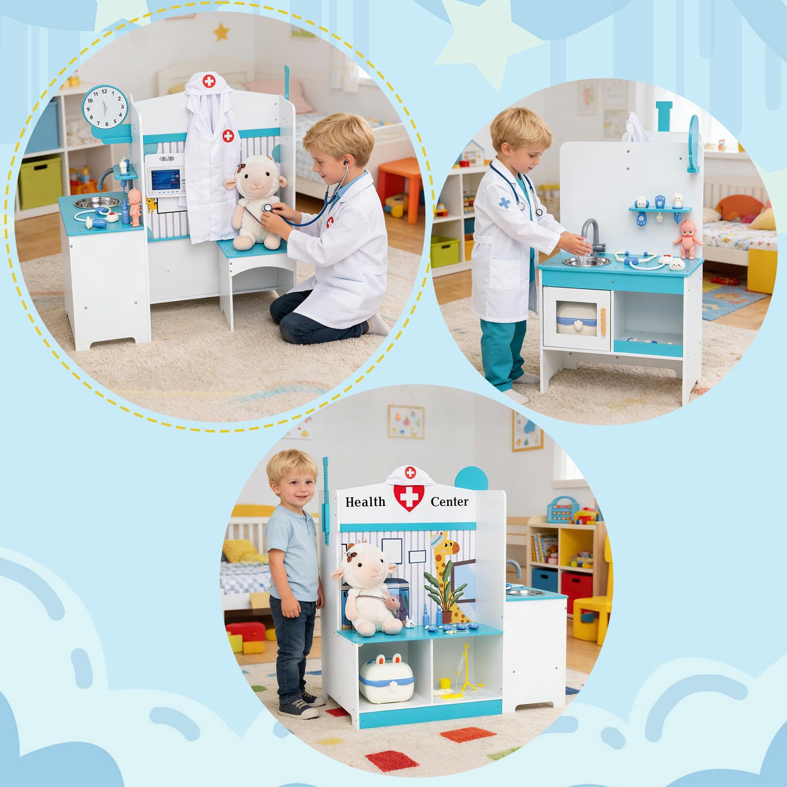 COSTWAY Kit Dottoressa Bambini a Tre Facce, Centro Medico Giocattolo in Legno con Monitor ECG, Rubinetto e 27 Accessori, Luci e Suoni, Regalo Bambini 3-6 Anni, 93 x 54,5 x 98,5 cm