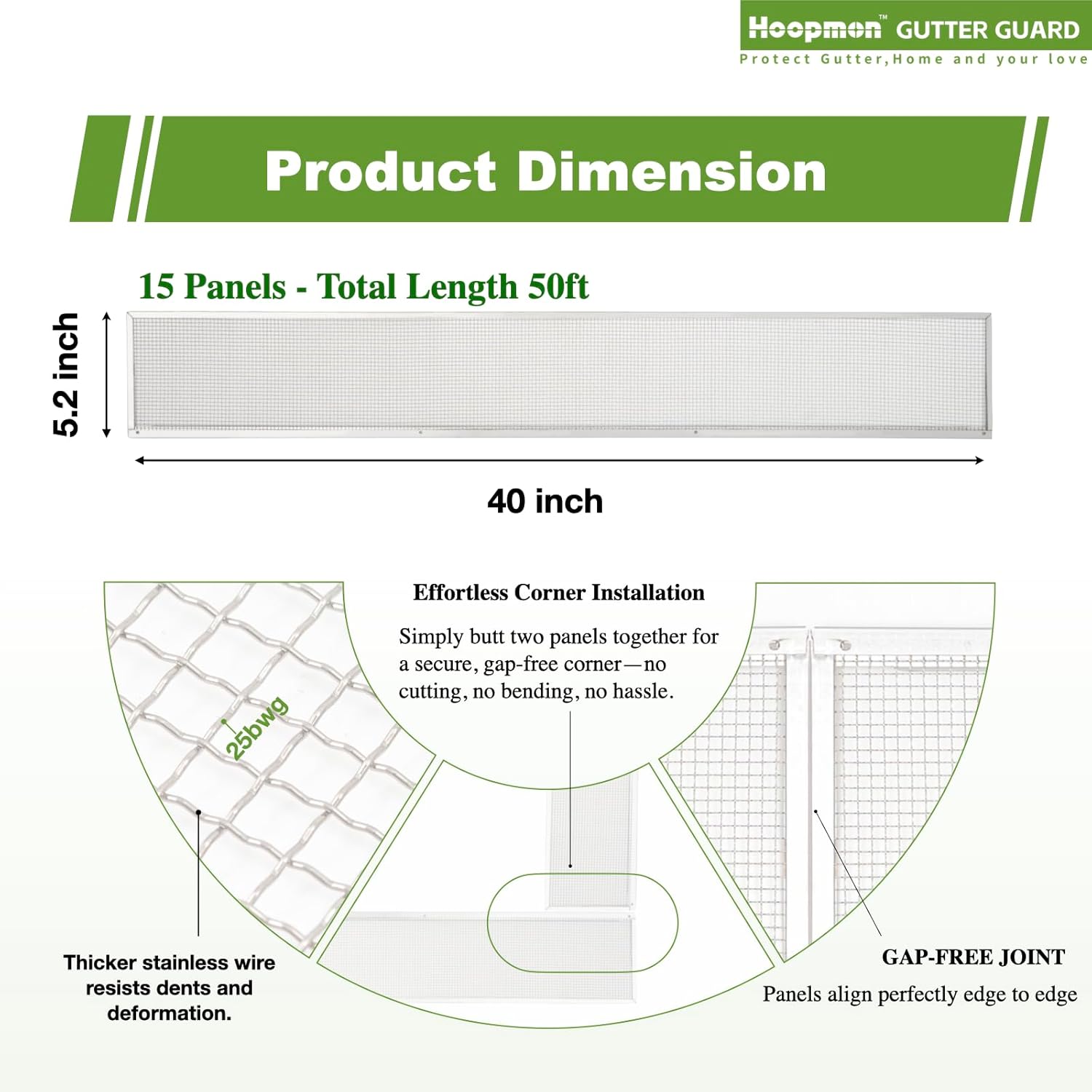 5 Inch Gutter Guard - Heavy Duty 100% Stainless Steel High-Flow Leaf Screen for Debris, Clog & Overflow Protection - Fits K-Style & Half-Round, Screws Included (50 FT, 15 pcs, 5in x 40in)
