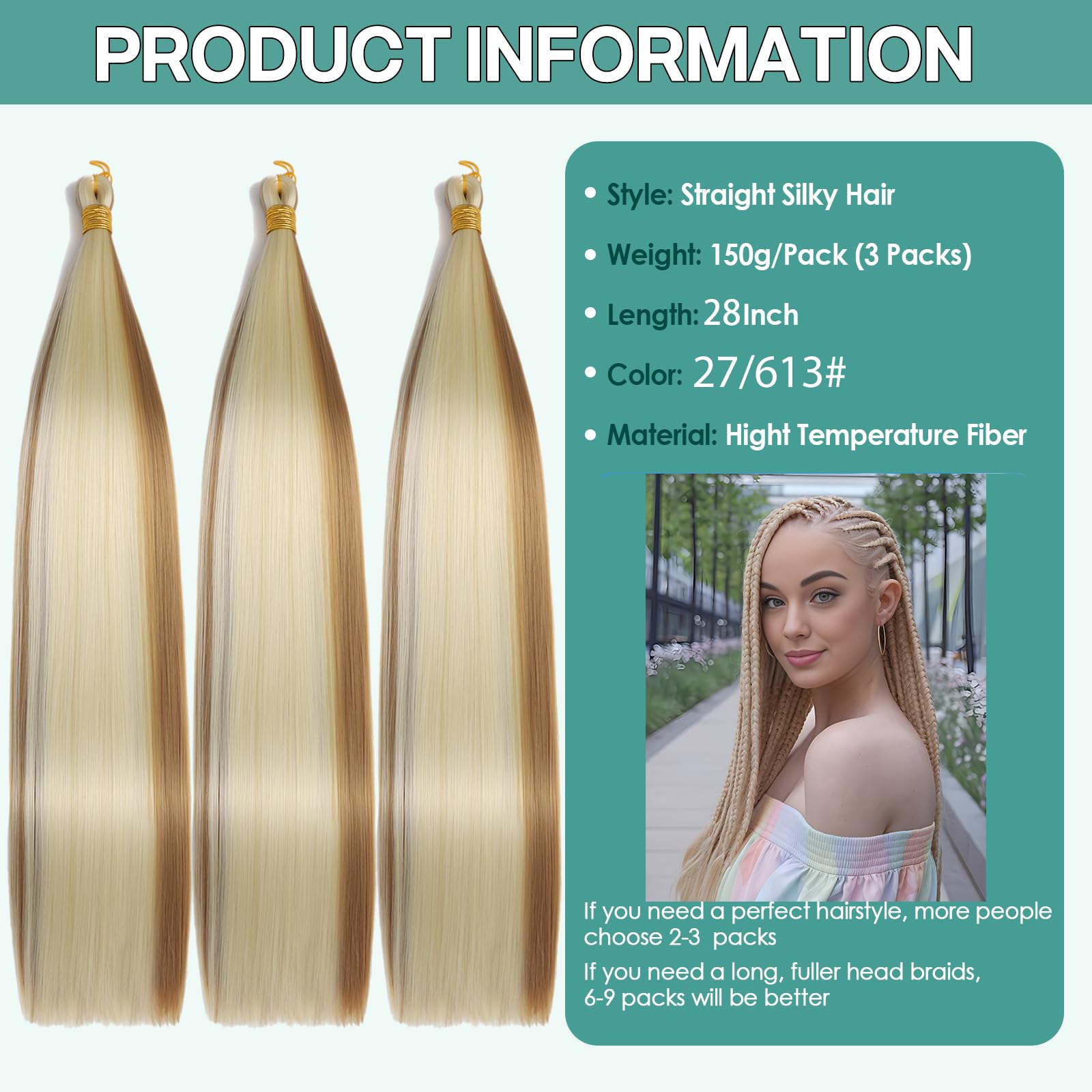 Locescsoc 28 Inch Straight Hair Extensions 150g 3 Packs Bone Straight Braiding Hair - Image 2