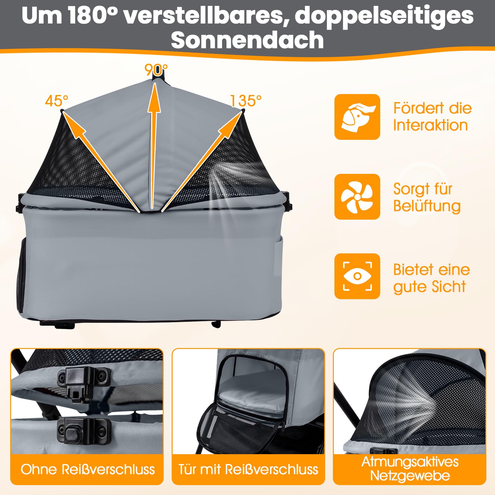 COSTWAY 3 in 1 Hundewagen, Hundebuggy mit verstellbarem Netzdach & Korb & Getränkehalter, Haustiere Buggy bis 15 kg, Hundebox Transporttasche klappbar, für Hunde Katzen Haustiere, Metall (Grau)