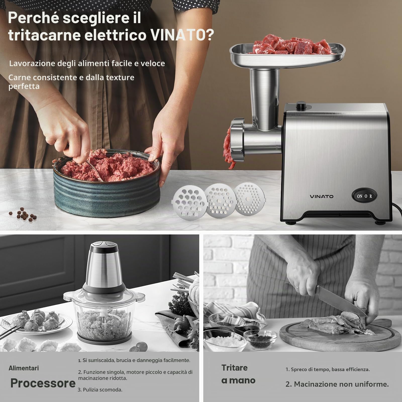 VINATO Tritacarne Elettrico, Accessorio per Salsicce CompactPower, 3 Dischi Perforati in Acciaio Inox (3, 5, 7mm), Manomentro, Accessorio per Kebbe