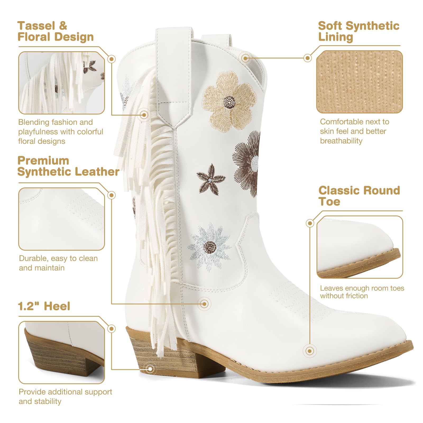 Rollda Girls Cowboy Boots Cowgirl Boots with Tassel Floral Embroidered Kids Western Boots for Toddler/Little Kid/Big Kid White Size 12