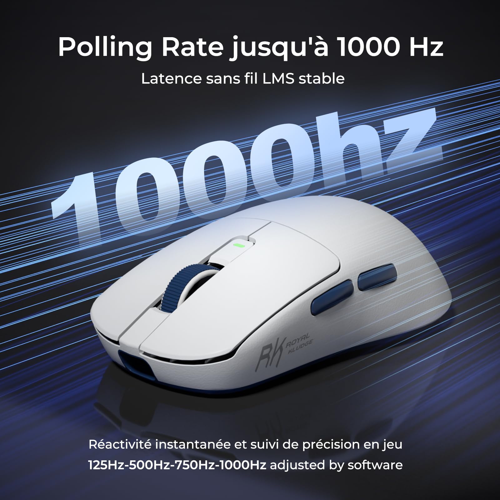 RK ROYAL KLUDGE M30 Souris sans Fil Gamer avec Capteur PixArt PAW3311, 41g Ultraléger, Polling Rate 1000Hz, BT/2.4G/Souris de Jeu Filaire, Batterie 250mAh, 5 Programmable Buttons, Blanc