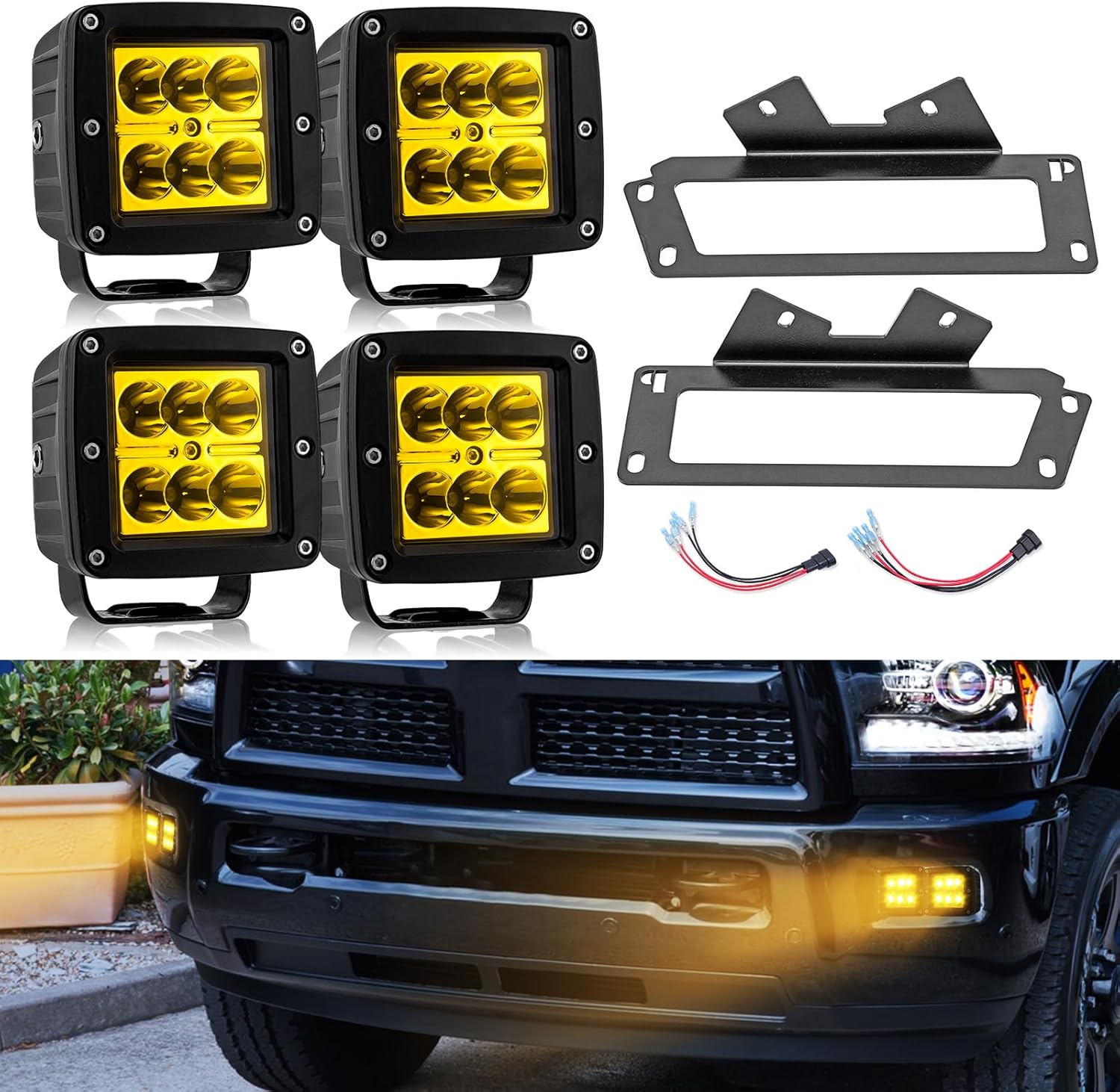 Wsays 4x 24W Amber LED Fog Light Pods with Quick-Detach Wiring Plug and Fog Hidden Bumper Mounting Bracket Compatible with Dodge Ram 2500 3500 2010-2019 Ram 1500 2009-2012