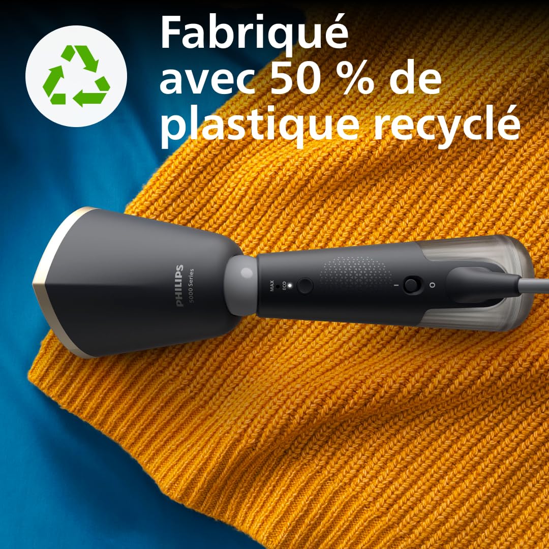Philips Défroisseur à Main 5000 Séries - Steamer 1300W, Vapeur 24g/min, Réservoirs 120ml & 200ml, prêt en 35sec, réglages Eco & Max, Pochette & gant, Léger 720g, gris anthracite (STH5030/80)