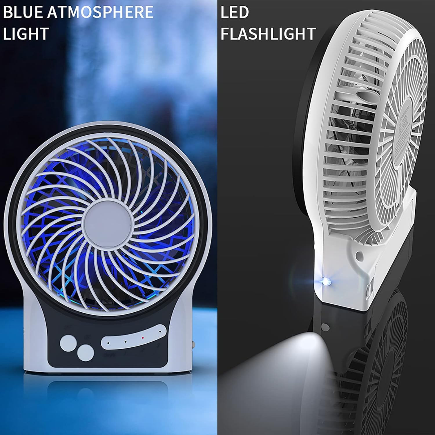 Mini Portable Battery Operated Desk Fan, Rechargeable & USB Powered Handheld Fan with Atmosphere Light & Flashlight, Strong Airflow, 3 Speeds, Small Personal Hand Held Fan for Desktop Camping (White)
