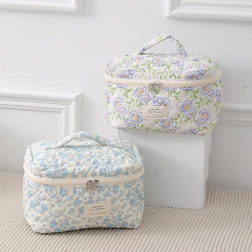 Miniatura 7 de uekeboag Bolsa de maquillaje acolchada de viaje grande para mujer, bolsa de cosméticos de algodón floral, bolsa organizadora de artículos de tocador